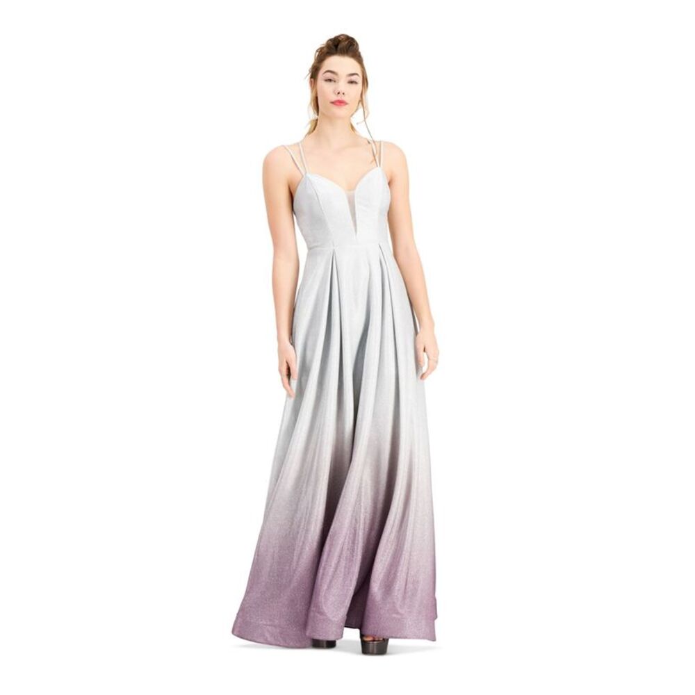 NWT B DARLIN Womens Silver Spaghetti Strap Formal Fit + Flare Dress 1\2